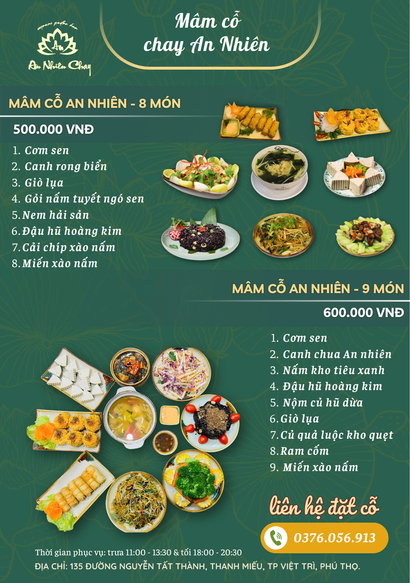 Mâm cỗ chay An Nhiên 8 món và 9 món