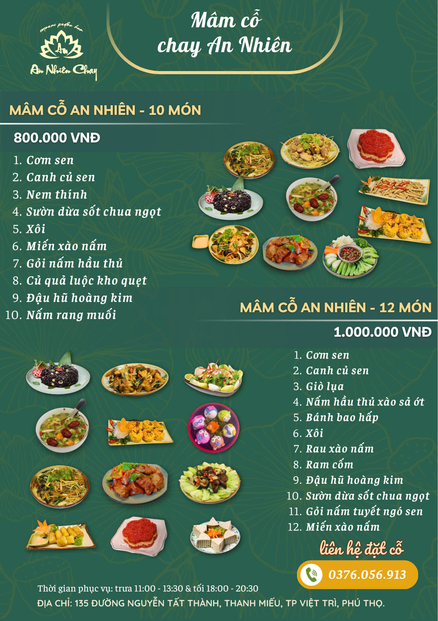 Mâm cỗ chay An Nhiên 10 món và 12 món